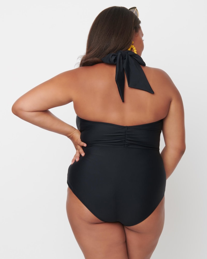 Unique Vintage Black Halter Shirred Derek One Piece Swimsuit | Black